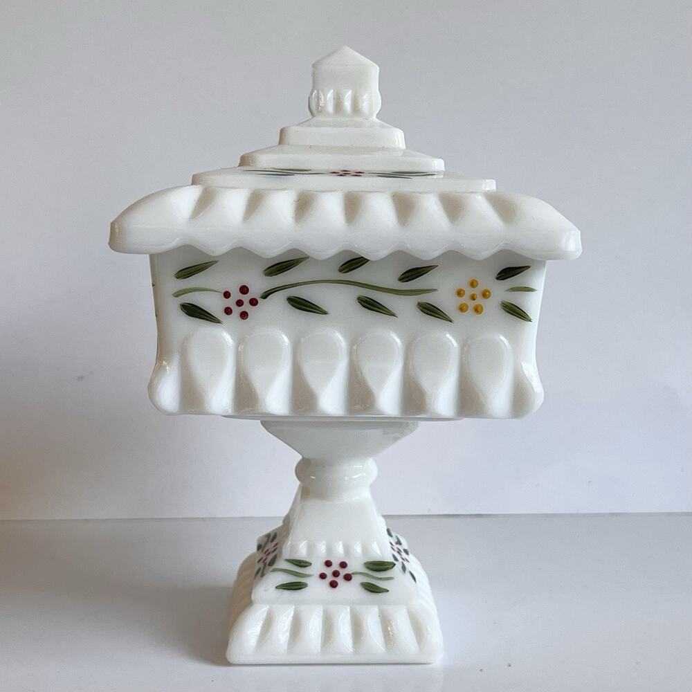 Vintage Hand Painted Milk Glass Footed Candy Dish With Lid
